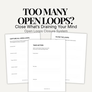 May include: A minimalist design featuring three white sheets of paper with the text "TOO MANY OPEN LOOPS?" and "Close What's Draining Your Mind." The sheets have prompts for capturing, filtering, and taking action on open loops.