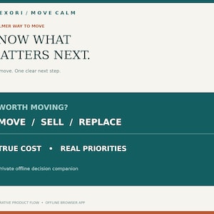 Op de afbeelding: Een digitale interface-afbeelding met een crèmekleurige achtergrond en donkergroenblauwe accenten. De tekst luidt: AVEXORI / MOVE CALM, A CALMER WAY TO MOVE, KNOW WHAT MATTERS NEXT. One move. One clear next step. WORTH MOVING? MOVE / SELL / REPLACE, TRUE COST • REAL PRIORITIES, Private offline decision companion, ILLUSTRATIVE PRODUCT FLOW • OFFLINE BROWSER APP.