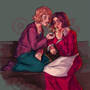 May include: A digital illustration of two figures. One figure with short blonde hair wears a purple top and teal skirt, lighting a cigarette for another figure with dark hair, who wears a red dress with a white collar and apron.