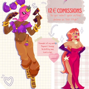 Puede incluir: Ilustración de arte digital con dos figuras femeninas estilizadas. Una figura está envuelta en vendas rosas, sosteniendo cartas y usando accesorios morados y dorados. La otra figura lleva un vestido rosa. El texto dice "12€ COMISSIONS".