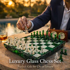 Emerald resin chess set: handmade chessboard with precious stones and crystal pieces