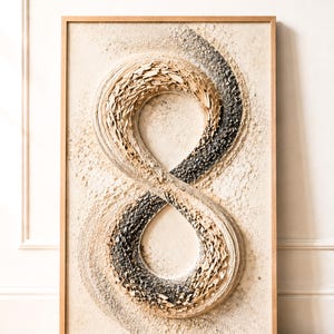 Symbol nieskończoności, abstrakcyjny efekt tekstury, wydruk, medytacja zen, nowoczesny plakat organiczny, oprawiona grafika w stylu wabi sabi