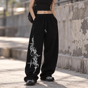 Damskie spodnie dresowe do tańca hip-hop, luźne spodnie w stylu streetwear, luźne spodnie retro z patchworkiem i średnim stanem do tańca jazzowego i codziennych, swobodnych stylizacji