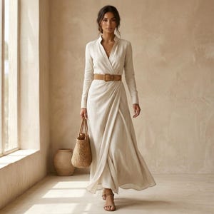 Abito lungo avvolgente in lino con cintura, abito da sposa boho con scollo a V e maniche lunghe, abito autunnale modesto per donna, abito da festa elegante e minimalista