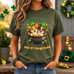 St Patrick's Day-t-shirt med lycklig lyckomotiv, St Patrick's Day-t-shirt, St Patrick's Day-grafik, Corgi-mamma-t-shirt, Corgi-pappa-t-shirt, gåva för hundälskare