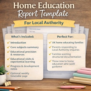 以下が含まれることがあります： 地方自治体向けの家庭教育レポートテンプレート。画像には、「含まれるもの」と「最適」というセクションがあり、主要な要素と対象ユーザーがリストされています。ペン、クリップ、本も表示されています。