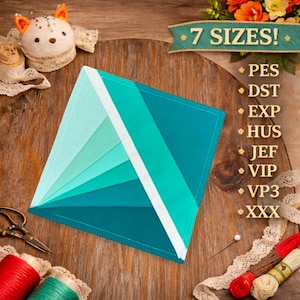 May include: A square fabric quilt block featuring a geometric pattern of teal and turquoise fabric strips separated by a white diagonal line. The text 7 SIZES! and file formats PES, DST, EXP, HUS, JEF, VIP, VP3, and XXX are printed on the right side.