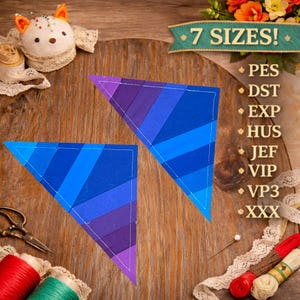 May include: Two blue and purple triangular fabric pieces with white stitching, set on a wooden surface. The image includes text that says "7 SIZES!" and lists various file types. Sewing notions, including thread spools and a pincushion, are also visible.