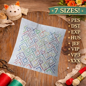 May include: Embroidered design on light blue fabric with a colorful heart pattern. The image includes spools of thread, scissors, and a pin cushion. Text reads "7 SIZES!" and lists file formats.