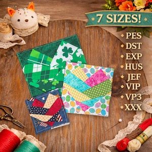 May include: A collection of colorful, patterned fabric squares, including designs with shamrocks, Easter eggs, and patriotic stars and stripes. The image also shows sewing supplies like thread spools, scissors, and a pin cushion, suggesting a craft or quilting project.