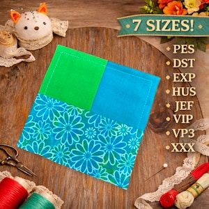 May include: A square fabric piece featuring a bright green top section, a teal middle section, and a bottom section with a teal and green floral pattern. The text 7 SIZES! PES DST EXP HUS JEF VIP VP3 XXX is displayed on the right side of the image.