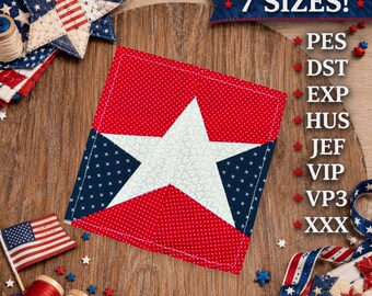 May include: A patriotic design in red, white, and blue. The main feature is a square patch with a white star on a red background, with blue star-studded corners. An American flag is present, along with the text "7 SIZES!"