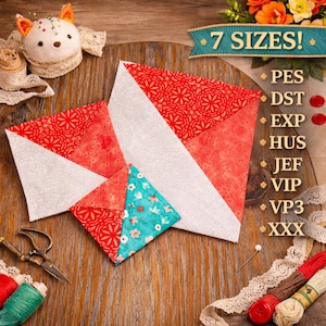 May include: A wooden surface displays fabric squares in red, white, and turquoise floral patterns. The text "7 SIZES!" is above a list of file types. Sewing notions, including scissors, thread, and a pin cushion, are arranged around the fabric.