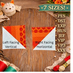 以下が含まれることがあります： オレンジと白の生地の正方形が2つあり、1つは「Left Facing Vertical」、もう1つは「Right Facing Horizontal」と表示されています。画像には「7サイズ！」というテキストと、さまざまなファイルタイプがリストされています。裁縫道具とピンクッションも表示されています。