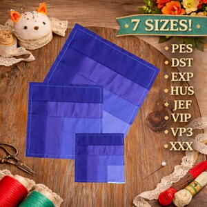 May include: Three square, blue fabric pieces in varying sizes, each with a gradient of blue hues. The largest piece is at the top, with two smaller squares below. The text "7 SIZES!" is visible. Sewing notions and thread spools are in the background.