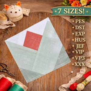 May include: A geometric fabric design in shades of white, red, and green, with the text "7 SIZES!" and various file format abbreviations. Sewing notions, including thread spools, scissors, and a pincushion, are arranged around the design on a wooden surface.