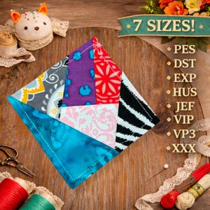 May include: A colorful, patchwork quilt square with various fabric patterns, including blue tie-dye, purple with blue spots, red floral, and black and white zebra stripes. The image also includes sewing notions and the text "7 SIZES!"