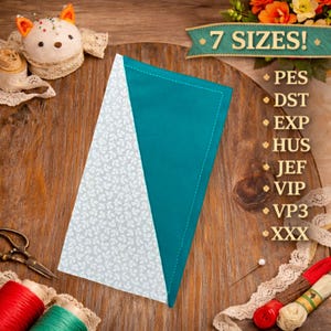May include: A teal and white floral patterned fabric item is displayed on a wooden surface. The item is divided diagonally, with teal on one side and white floral on the other. Text reads "7 SIZES!" and lists file formats. Sewing notions are also visible.