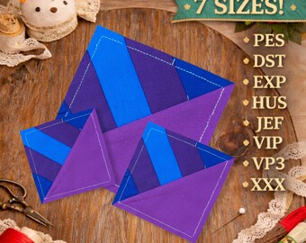 May include: Three purple and blue fabric pieces with white stitching are displayed on a wooden surface. The text "7 SIZES!" is visible, along with embroidery file format abbreviations. A pincushion, scissors, and spools of thread are also in the image.