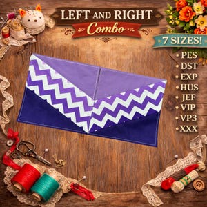 May include: A purple and white chevron pattern wallet with a dark blue pocket. The text "LEFT and RIGHT Combo" and "7 SIZES!" are visible. The wallet is displayed on a wooden surface with sewing notions.