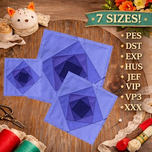 Puede incluir: Tres parches de tela cuadrados y geométricos en tonos azules, dispuestos sobre una superficie de madera. Los parches presentan un diseño de cuadrados superpuestos. El texto dice "7 SIZES!" y enumera formatos de archivo.