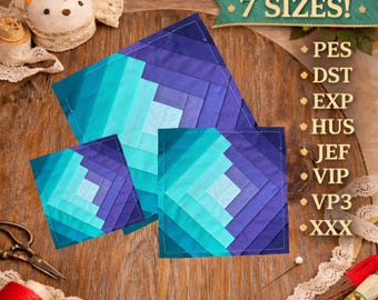 May include: Three square fabric pieces in shades of blue and teal, arranged on a wooden surface. The pieces have a geometric design. Text on the image reads "7 SIZES!" and lists file formats. Sewing notions and thread spools are also visible.