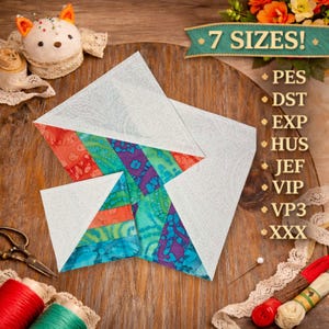 May include: A colorful patchwork quilt block with a white patterned overlay. The block features vibrant stripes of red, orange, blue, and purple. Text reads "7 SIZES!" and lists embroidery file formats. Sewing notions and thread spools are also visible.