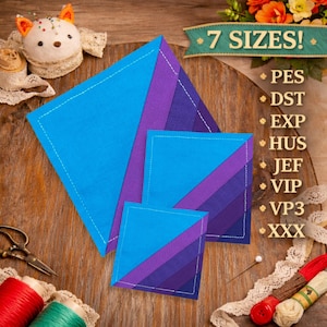 May include: Three blue and purple fabric squares with white stitching, arranged on a wooden surface. The text "7 SIZES!" is displayed above the squares, with a list of file types below. Sewing notions and thread spools are also visible.