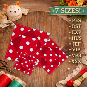 May include: Red and white polka dot fabric squares in various sizes are arranged on a wooden surface. The squares have a geometric design. The image also includes spools of thread, lace, and the text "7 SIZES!" with file type abbreviations.