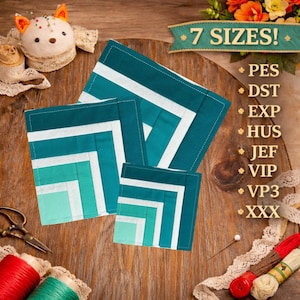 May include: Three teal and white geometric patterned fabric squares are displayed on a wooden surface. The squares are arranged in a layered fashion, with a banner above that reads "7 SIZES!". Sewing notions and thread spools are also visible.
