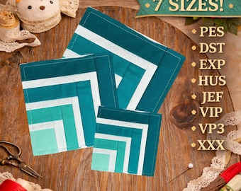 May include: Three teal and white geometric patterned fabric squares are displayed on a wooden surface. The squares are arranged in a layered fashion, with a banner above that reads "7 SIZES!". Sewing notions and thread spools are also visible.