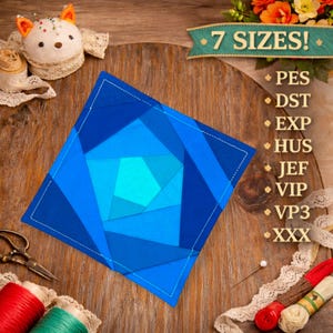 May include: A square embroidery design featuring a geometric pattern of overlapping triangles in shades of blue, ranging from dark navy to bright cyan. The design includes white stitched outlines and is labeled with the text 7 SIZES! PES, DST, EXP, HUS, JEF, VIP, VP3, XXX.