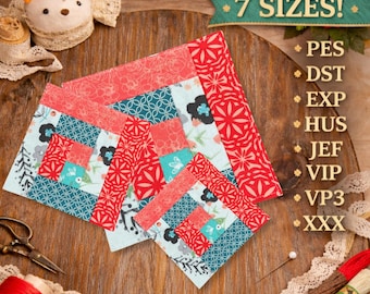 May include: Several fabric squares in different sizes, showcasing floral and geometric patterns in red, teal, and light blue. The image includes sewing tools like thread spools, scissors, and a pincushion, indicating a quilting theme. Text reads "7 SIZES!"