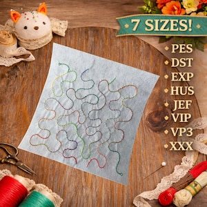 May include: A light blue square fabric with a colorful, wavy stitched design. The image includes spools of thread, a pin cushion, scissors, and the text "7 SIZES!" with file type abbreviations.