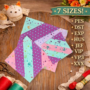 May include: A collection of colorful fabric pieces with geometric and bird patterns. The fabrics are in shades of pink, purple, and teal. The image includes the text "7 SIZES!" and various file format abbreviations.