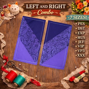 May include: Two purple and blue fabric items with a paisley pattern and white stitching. The text "LEFT AND RIGHT Combo" and "7 SIZES!" are visible. Sewing notions, including thread spools and scissors, are arranged around the items.