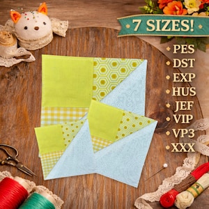 May include: A patchwork quilt block in shades of yellow and light blue, with a gingham and paisley pattern. The text "7 SIZES!" is displayed above the quilt block. Sewing notions, including thread spools, scissors, and a pin cushion, are arranged around the quilt block.