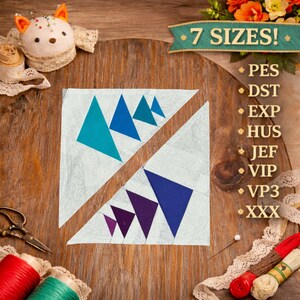 May include: A square fabric block with a white paisley pattern is divided diagonally. Each triangle features a series of colorful triangles in shades of teal, blue, and purple. Text reads "7 SIZES!" and lists embroidery file formats.