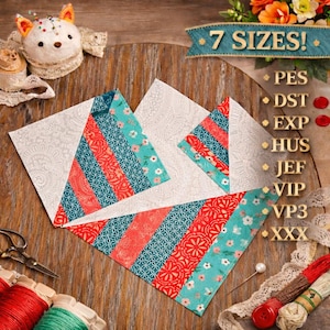 Puede incluir: Un diseño de patchwork en forma de corazón con tela estampada roja, turquesa y blanca. La imagen incluye un alfiletero, tijeras, carretes de hilo y el texto "¡7 TAMAÑOS!" con formatos de archivo de bordado.