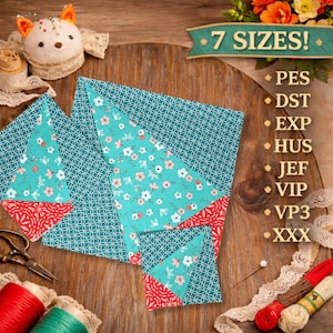 May include: Quilting fabric pieces in various sizes, featuring teal and floral patterns with red accents. The image includes spools of thread, scissors, and a pin cushion. Text reads "7 SIZES!" and lists embroidery file formats.