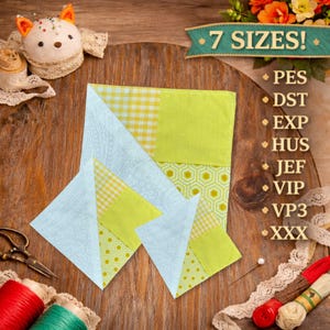 Puede incluir: Un cuadrado de patchwork en tonos amarillos y azul claro, con varios patrones que incluyen cuadros y diseños geométricos. El texto "7 SIZES!" se muestra encima del cuadrado de patchwork. También se ven otros artículos de costura.