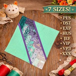 May include: A square fabric piece featuring a central diagonal strip of patchwork in shades of purple, green, and white, bordered by solid mint green fabric. Text on the right reads 7 SIZES! PES, DST, EXP, HUS, JEF, VIP, VP3, XXX.