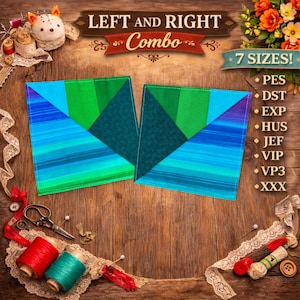 Könnte beinhalten: Zwei quadratische Stoffflicken mit einem geometrischen Design in Blau- und Grüntönen. Der Text "LEFT AND RIGHT Combo" und "7 SIZES!" sind sichtbar. Nähutensilien, darunter Garnrollen und Spitze, umgeben die Flicken.