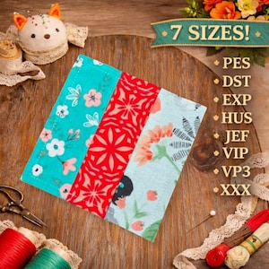 May include: A collection of colorful fabric pieces with floral and geometric patterns. The fabrics are in shades of teal, red, and light blue. The image also includes sewing supplies, a pincushion, and the text "7 SIZES!"