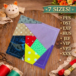 May include: A square fabric patch featuring a patchwork design of various patterns and colours including light purple, bright yellow with white dots, red with white dots, green, and blue. The patch has visible white stitching along the edges.