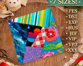 May include: A vibrant patchwork quilt square featuring diverse fabric designs, such as stripes, florals, and a galaxy pattern. The image includes the text "7 SIZES!" and a list of file types. Sewing accessories like thread, scissors, and a pin cushion are also visible.