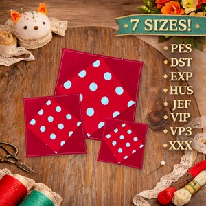 May include: Three red fabric squares with light blue polka dots and a white stitched border are displayed on a wooden surface. The squares are in different sizes. Text on the image reads "7 SIZES!" and lists embroidery file formats.