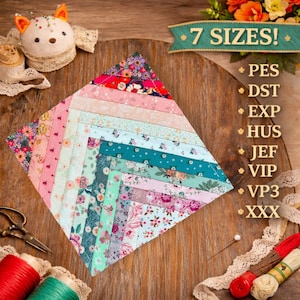May include: A square fabric quilt block featuring a chevron pattern made of multi-colored floral and solid strips. The text 7 SIZES! PES DST EXP HUS JEF VIP VP3 XXX is displayed on the right. A pincushion, scissors, and thread spools are visible.
