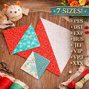 May include: A wooden surface displays fabric samples in red, white, and floral patterns, along with sewing notions. The text "7 SIZES!" is visible. A pincushion and spools of thread are also present, suggesting a sewing or quilting theme.