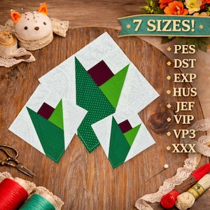 May include: Three white fabric squares with a green and burgundy tulip design are displayed on a wooden surface. The text "7 SIZES!" is above the squares, with various file types listed below. Sewing notions and thread spools are also visible.